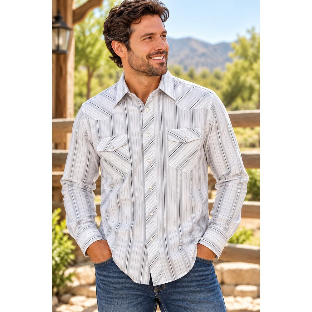 Wrangler Western Snap Shirt Men’s Large White Striped Metallic Cowboy NWT